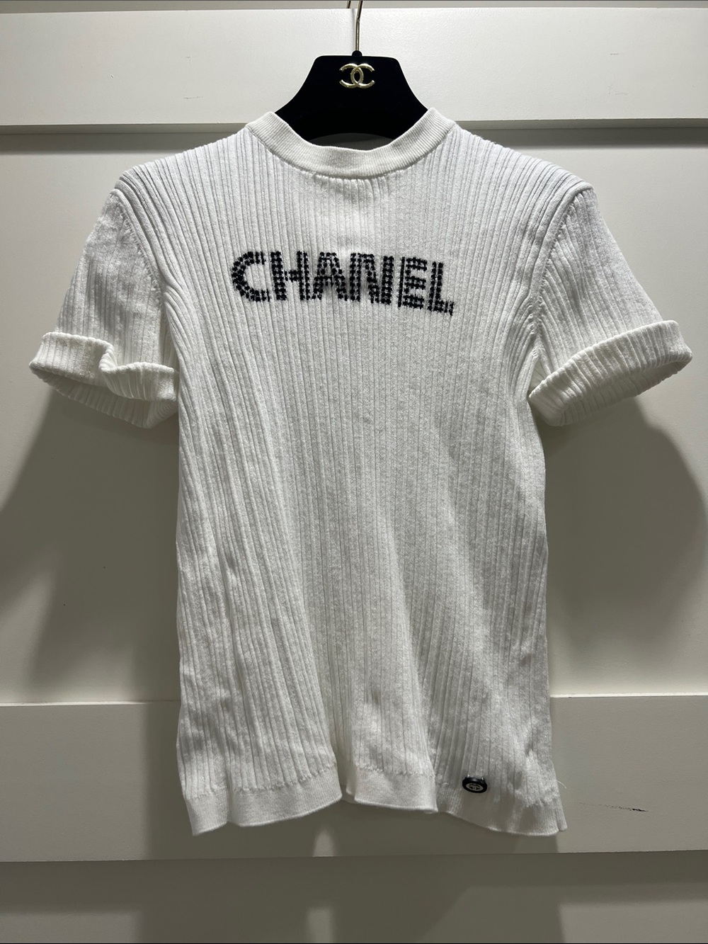 CHANEL SS21 White Ribbed Knit Cotton Top FR 36